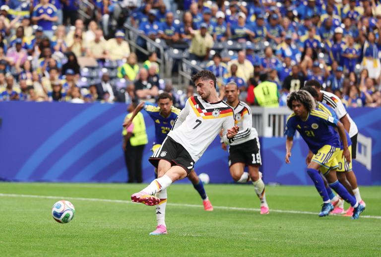 HOUSTON, TEXAS - JUNE 14: Kai Havertz #7 of Germany scores a penalty for his team's third goal during the FIFA World Cup 2026 Group E match between Germany and Curacao at Houston Stadium on June 14, 2026 in Houston, Texas. (Photo by Lars Baron/Getty Images)