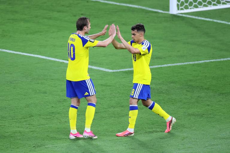 MONTERREY, MEXICO - JUNE 14: Yasin Ayari #18 of Sweden celebrates with teammate Benjamin Nygren #10scoring his team's first goal during the FIFA World Cup 2026 Group F match between Sweden and Tunisia at Monterrey Stadium on June 14, 2026 in Monterrey, Mexico. (Photo by Manuel Velasquez - FIFA/FIFA via Getty Images)